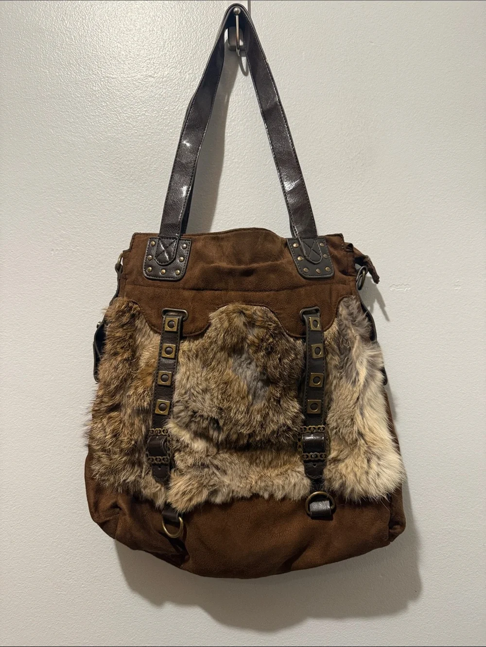 Brown Fur Accent Tote Bag Women's Shoulder Bag